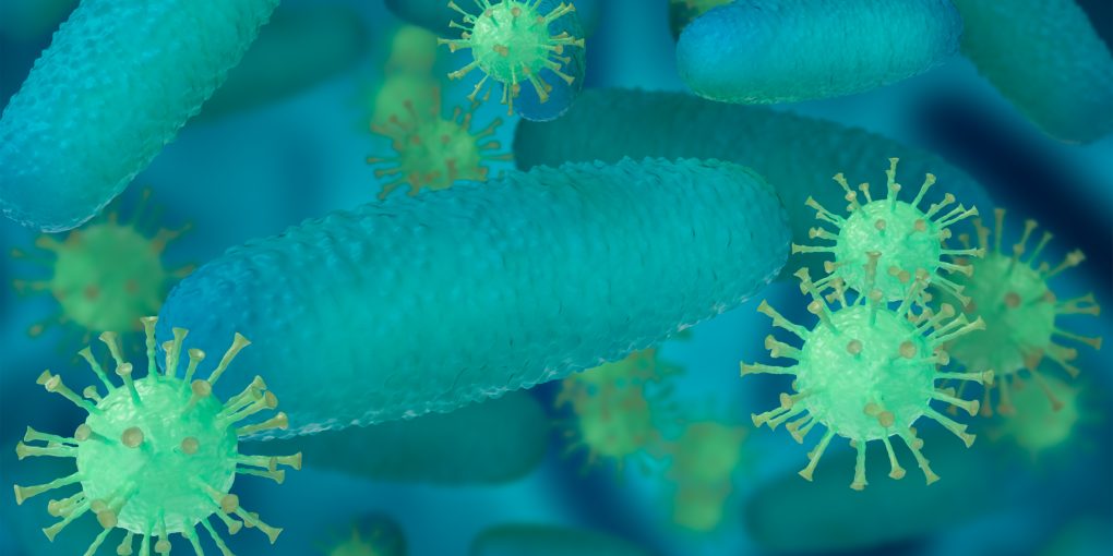 3D Illustration. Virus and bacterial cells floating in the human body. Scientific and medical concept.