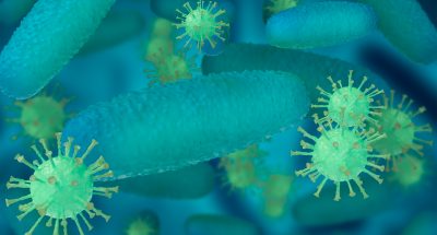 3D Illustration. Virus and bacterial cells floating in the human body. Scientific and medical concept.