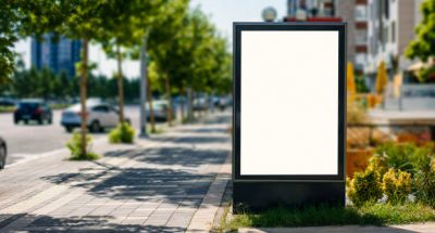 billboard on the sidewalk by the street. advertisement with content isolated with white color for copy space