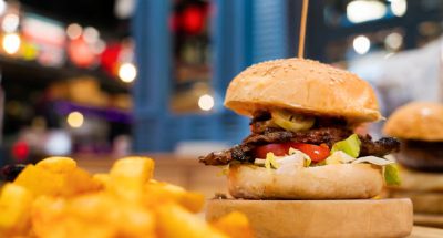 Steak burger with French fries chips