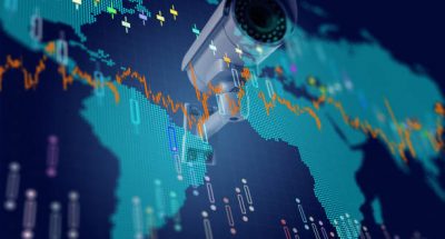 Industry related 3D rendered cctv object with some abstract financial data on world map