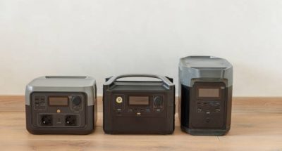 Uninterruptible power supply source. Variation of portable power stations staying on floor