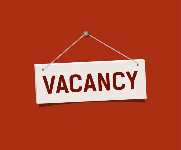 Vacancy sign hanging on red wall. Realistic sign Vacancy hang on nail. Vector illustration in flat style.